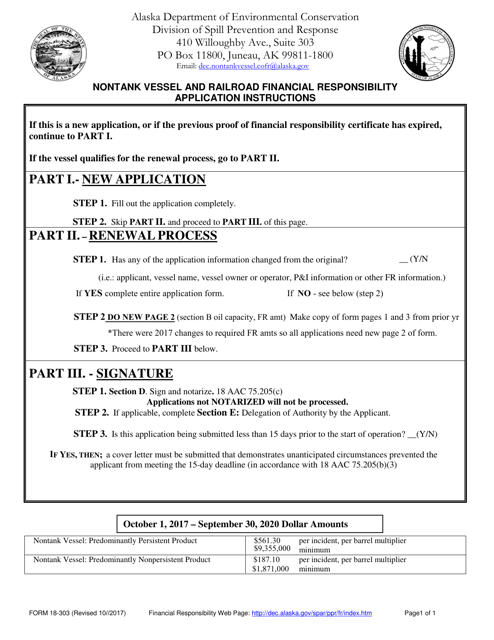 Form 18-303 Nontank Vessel and Railroad Financial Responsibility Application and Checklist - Alaska