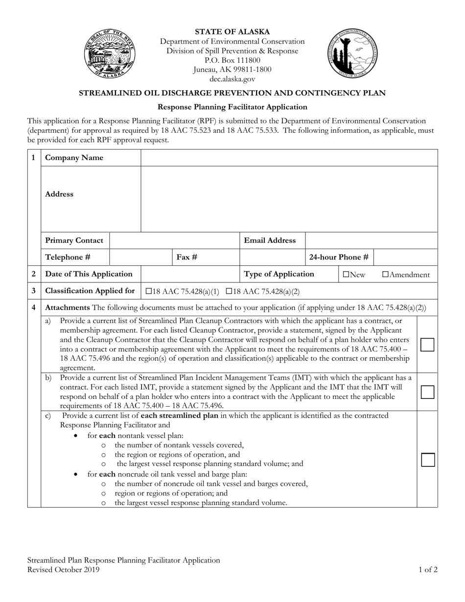 Response Planning Facilitator Application - Alaska, Page 1