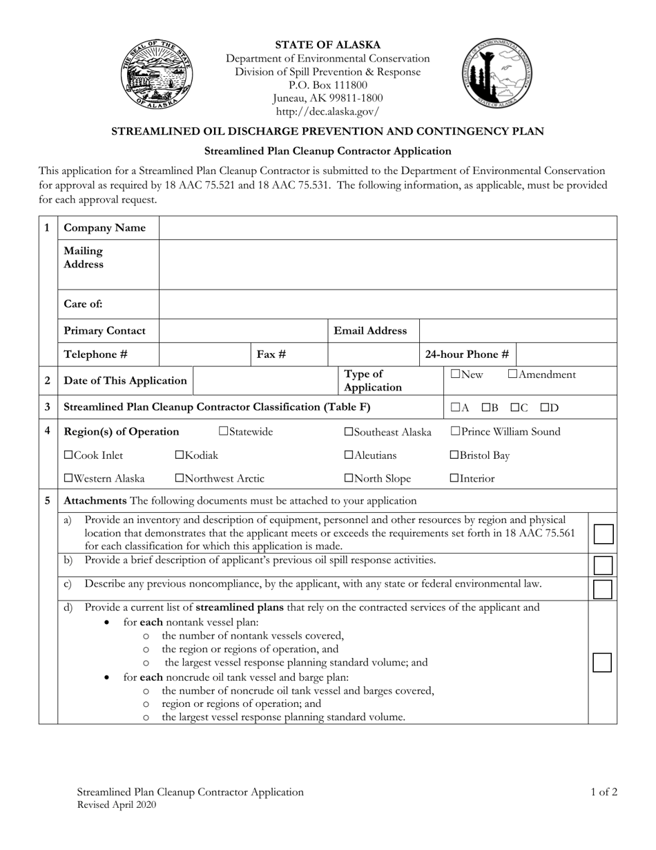Streamlined Plan Cleanup Contractor Application - Alaska, Page 1