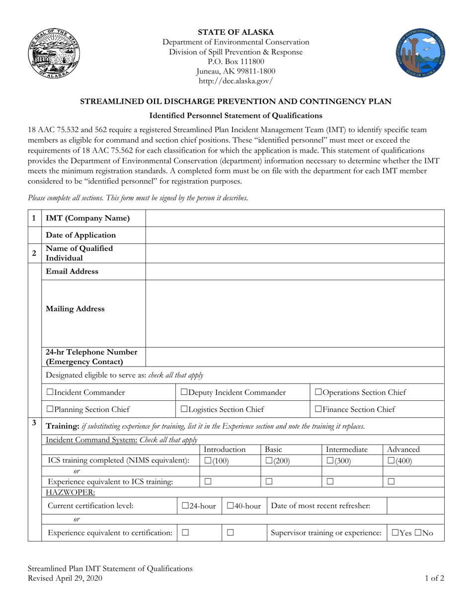 Identified Personnel Statement of Qualifications - Alaska, Page 1