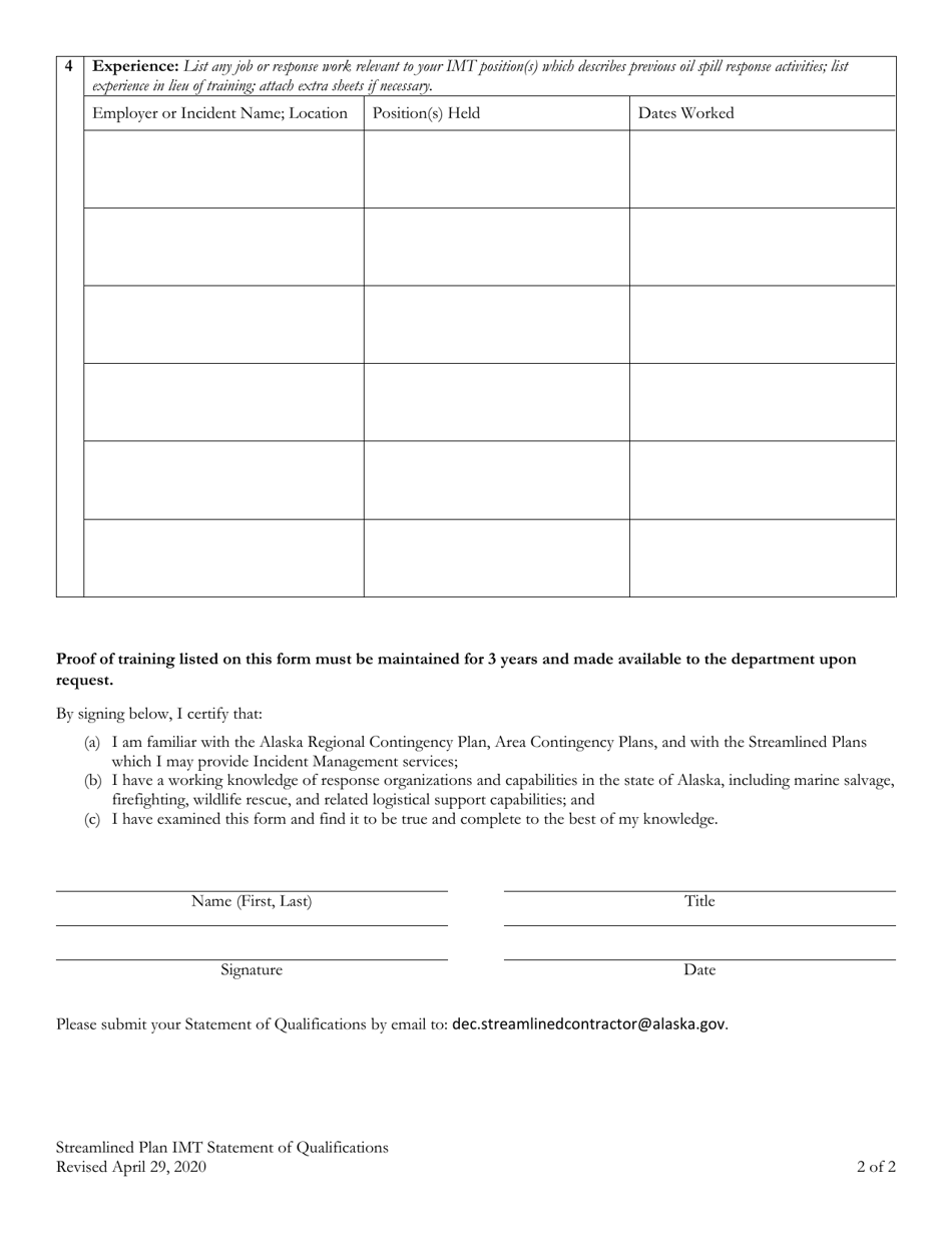 Identified Personnel Statement of Qualifications - Alaska, Page 2