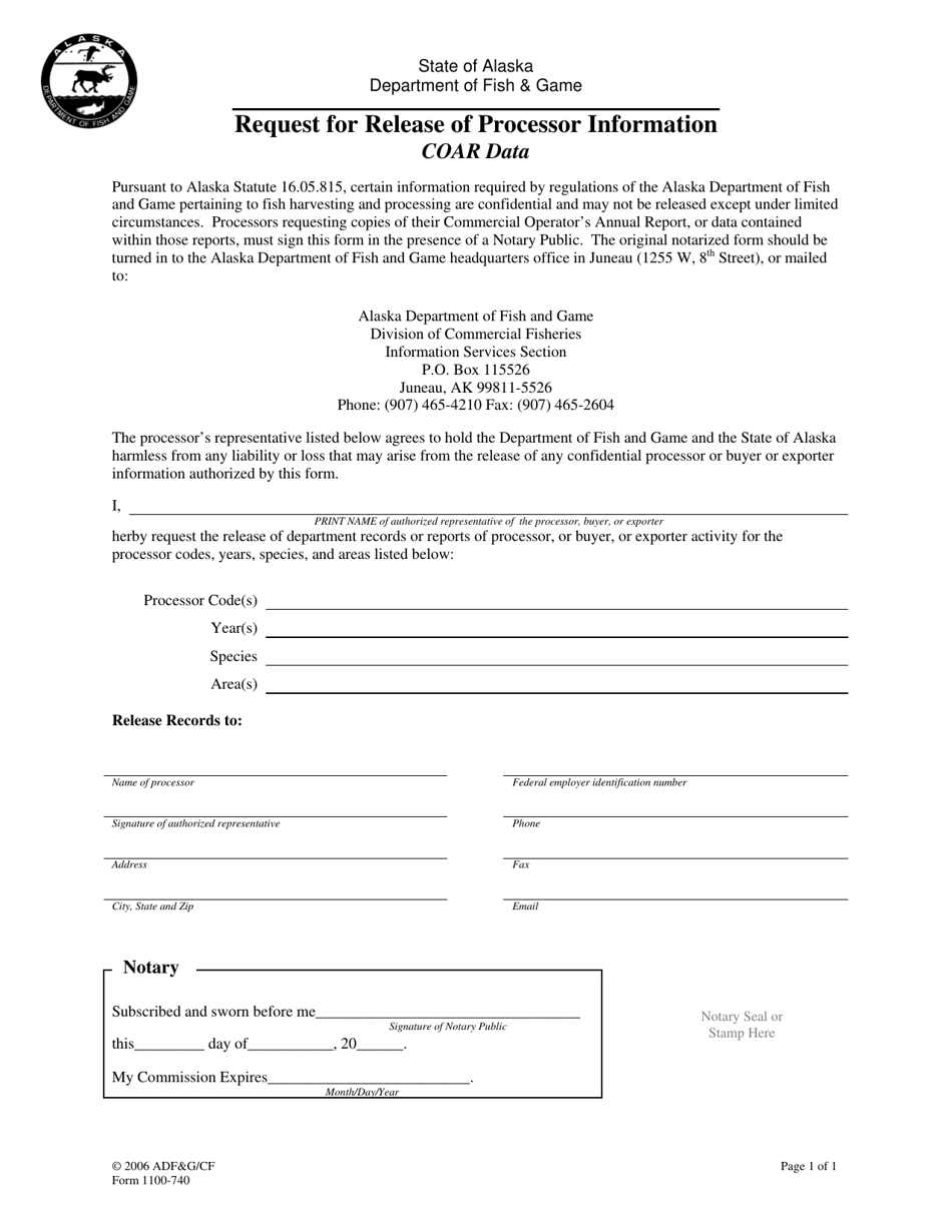 Form 1100-740 Request for Release of Processor Information - Coar Data - Alaska, Page 1