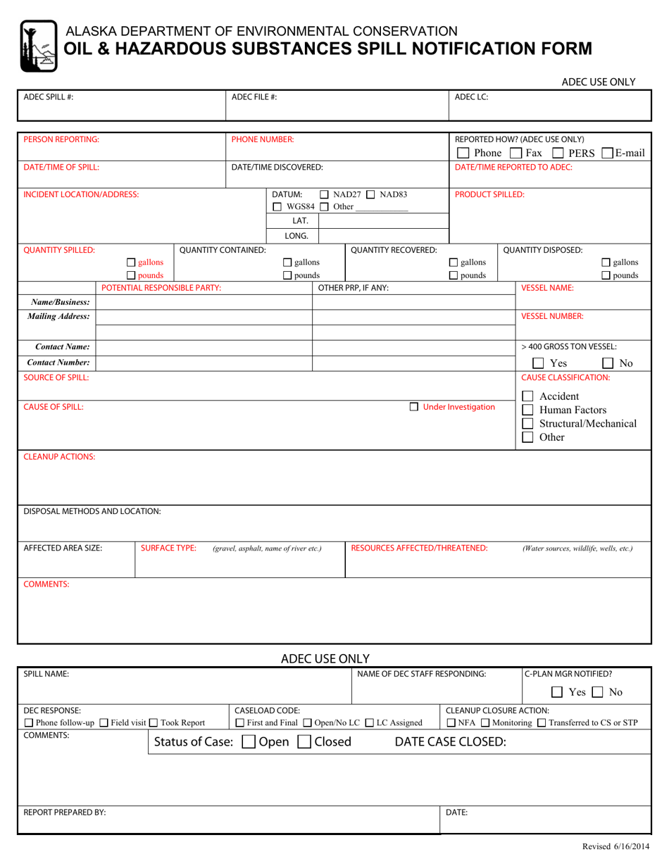 Alaska Oil & Hazardous Substances Spill Notification Form Fill Out