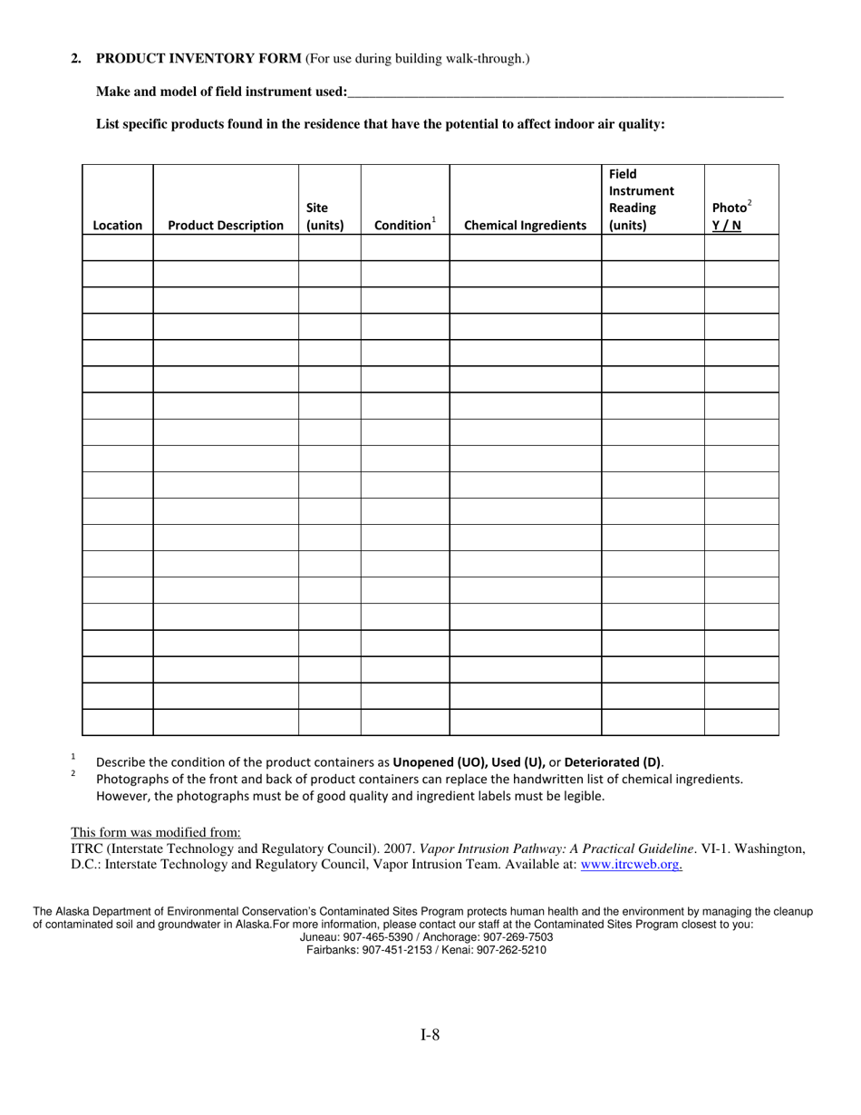 Appendix I Building Inventory and Indoor Air Sampling Questionnaire - Alaska, Page 10