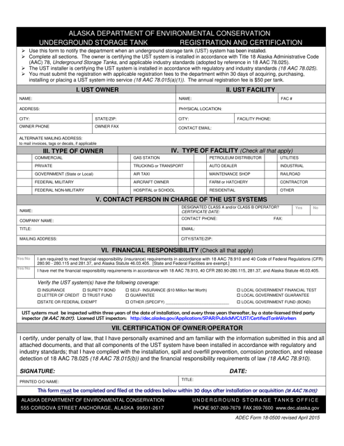 ADEC Form 18-0500 Underground Storage Tank Registration and Certification - Alaska