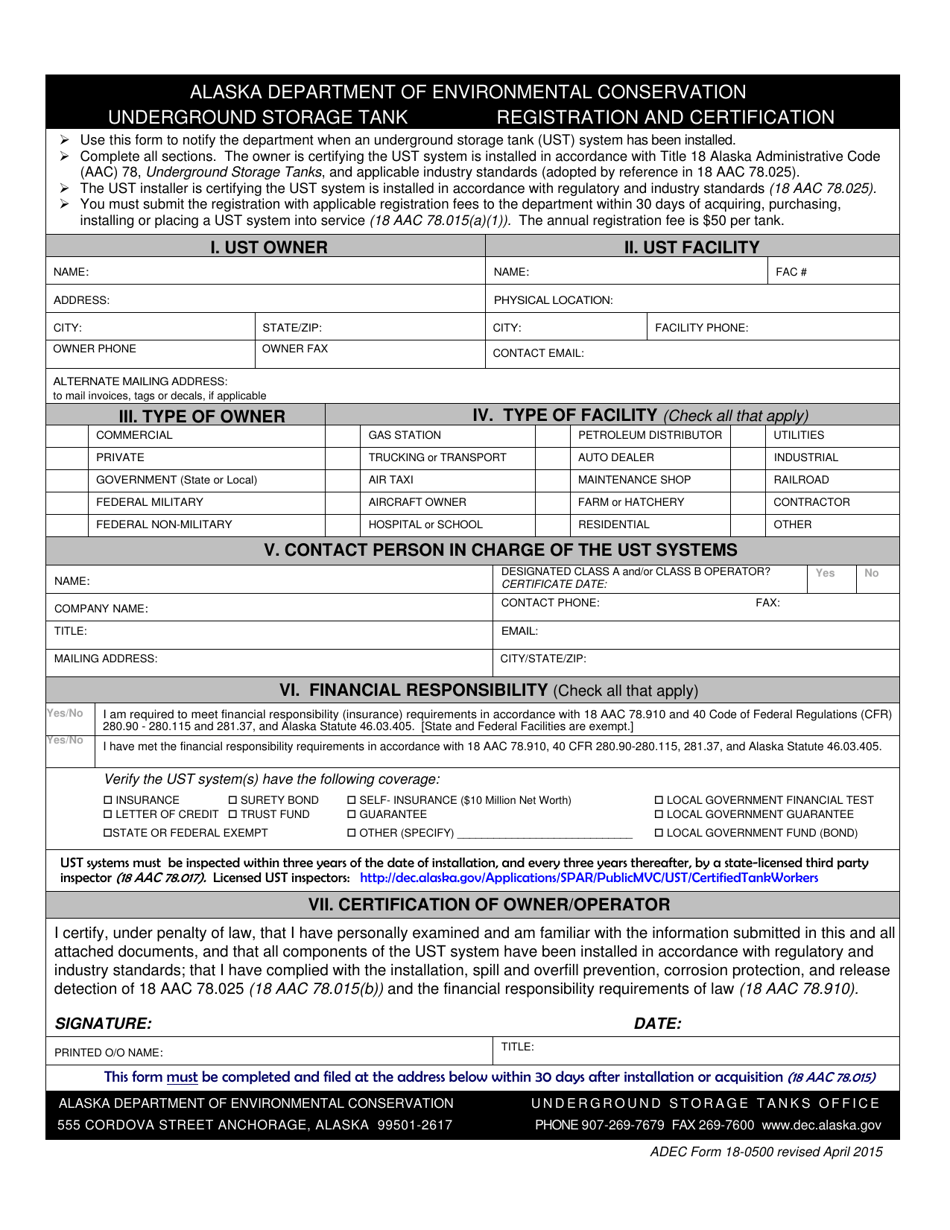 ADEC Form 18-0500 Underground Storage Tank Registration and Certification - Alaska, Page 1