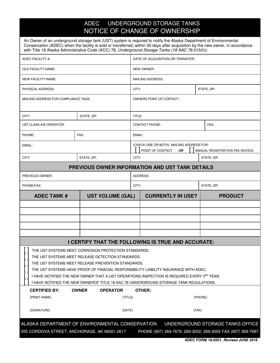 ADEC Form 18-0501 Notice of Change of Ownership - Alaska, Page 1