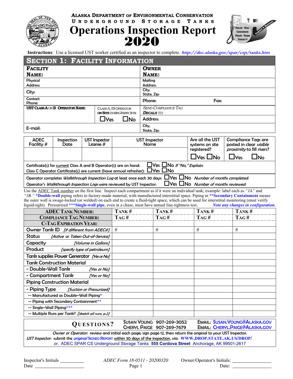 ADEC Form 18-0511 Ust Operations Inspection Report - Alaska, Page 1
