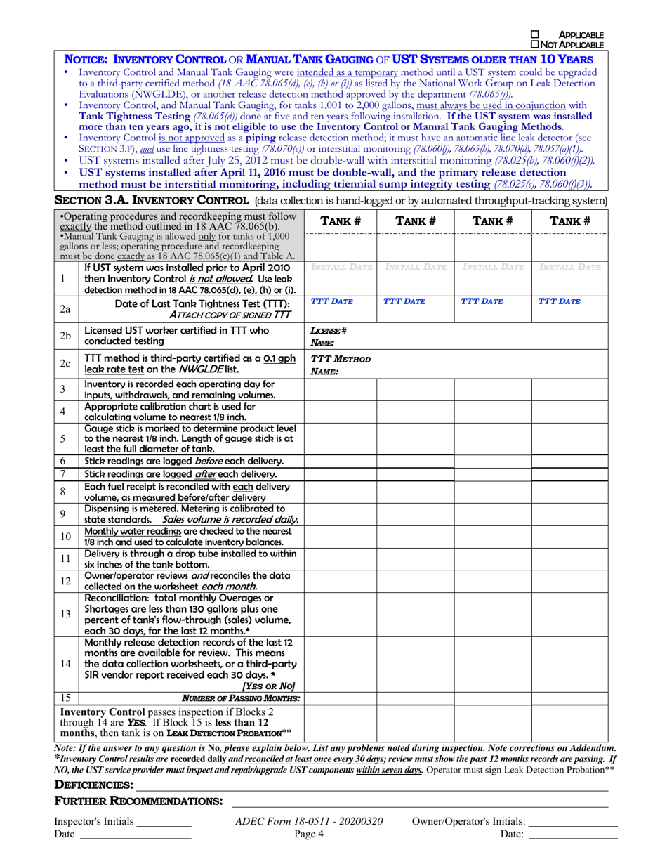 ADEC Form 18-0511 Ust Operations Inspection Report - Alaska, Page 4