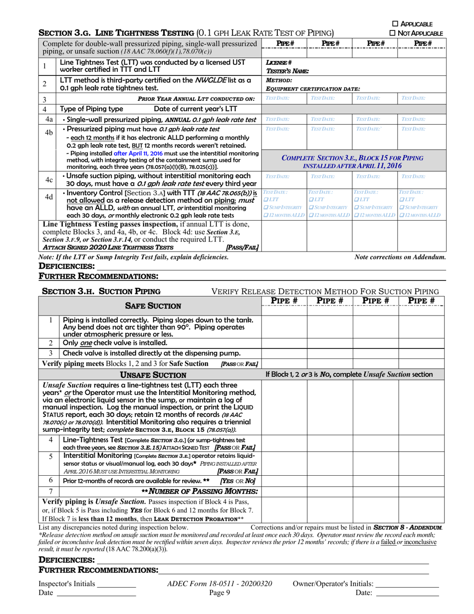 ADEC Form 18-0511 Ust Operations Inspection Report - Alaska, Page 9
