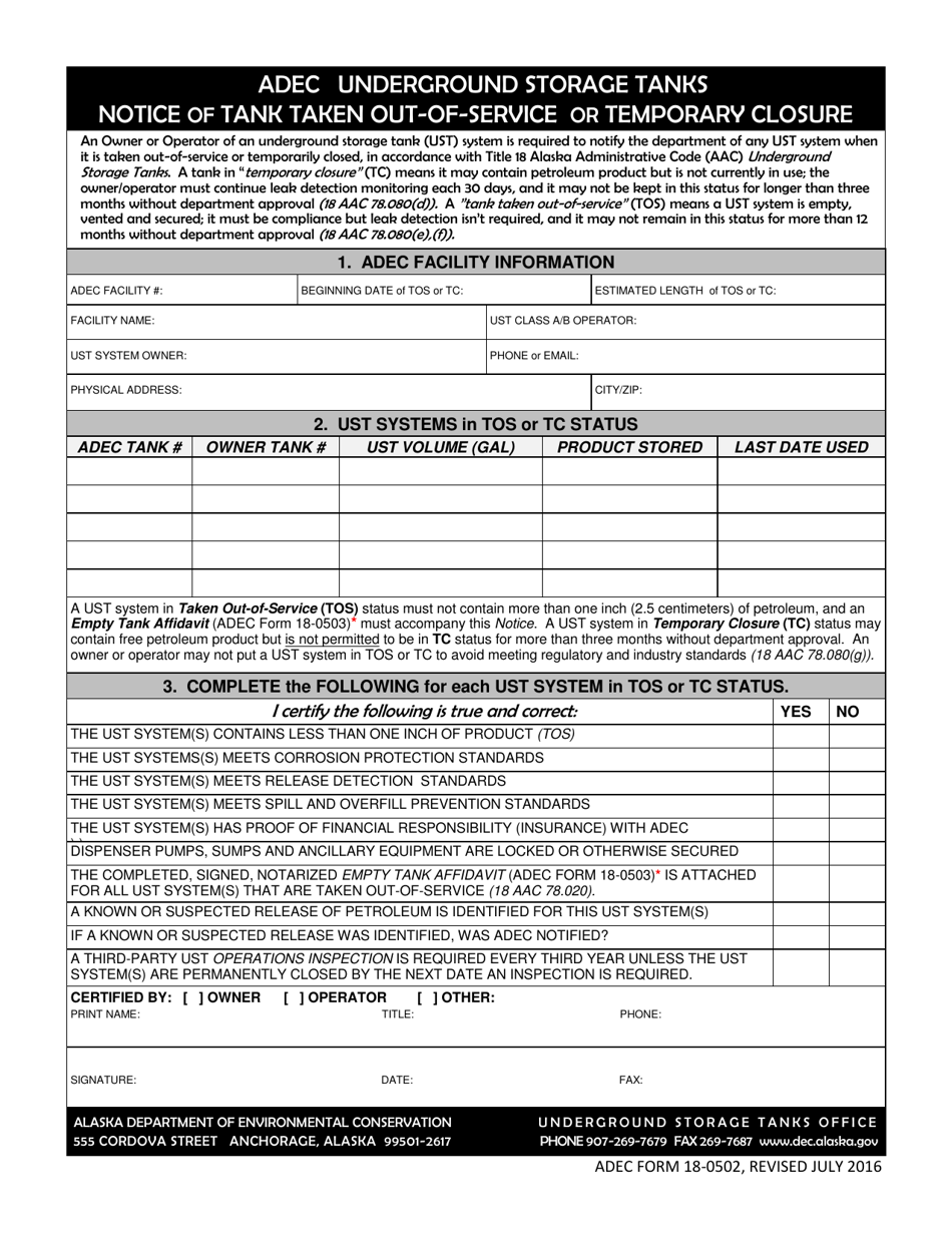 ADEC Form 18-0502 Notice of Tank Taken out-Of-Service or Temporary Closure - Alaska, Page 1