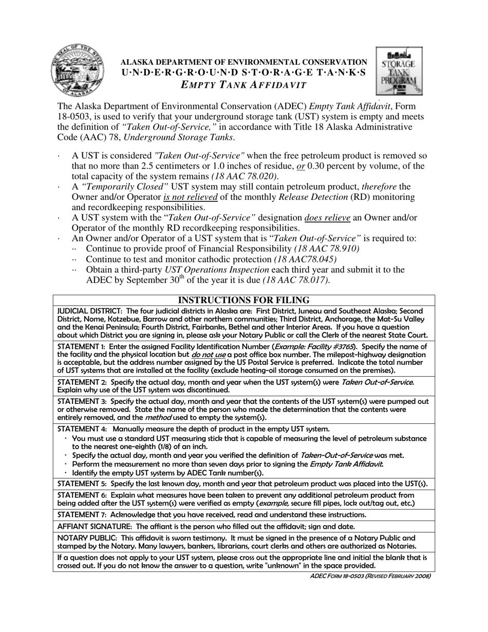 ADEC Form 18-0503 Empty Tank Affidavit - Alaska, Page 1