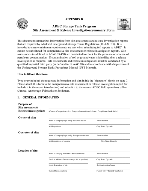 Form 18-0508 Appendix B Adec Storage Tank Program Site Assessment & Release Investigation Summary Form - Alaska