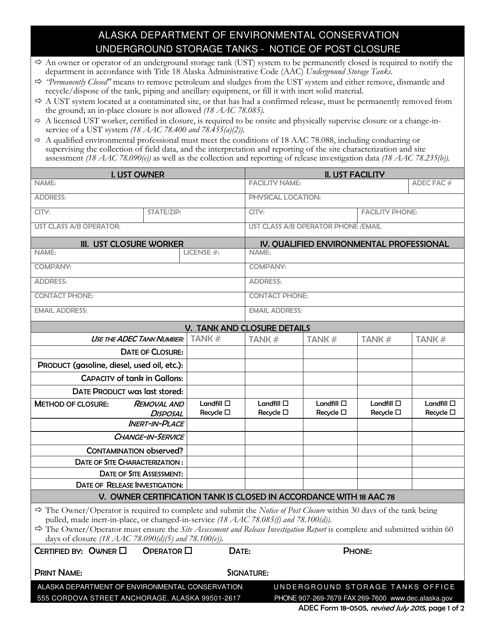 ADEC Form 18-0505 Underground Storage Tanks - Notice of Post Closure - Alaska