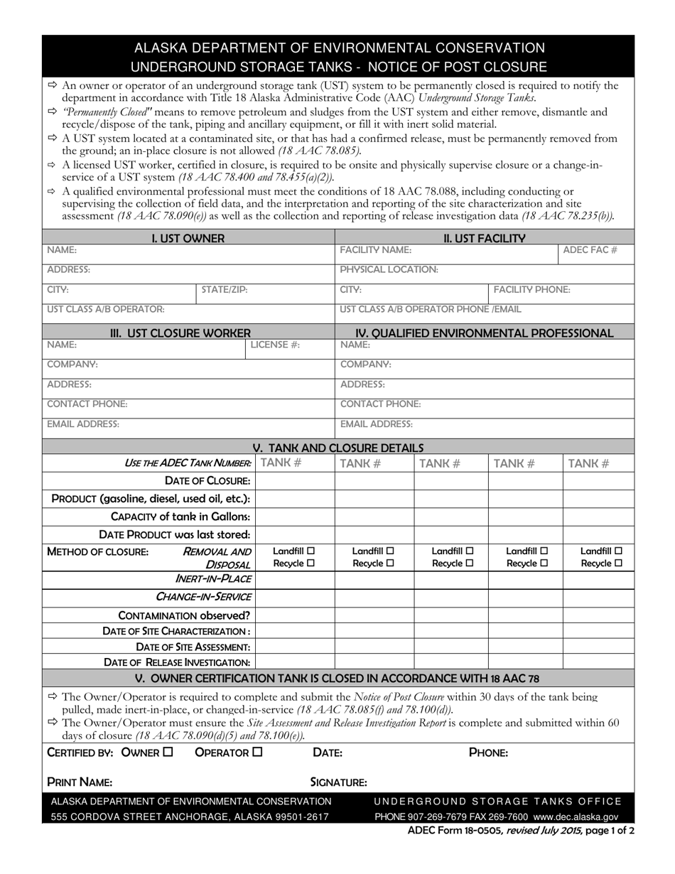 ADEC Form 18-0505 Underground Storage Tanks - Notice of Post Closure - Alaska, Page 1