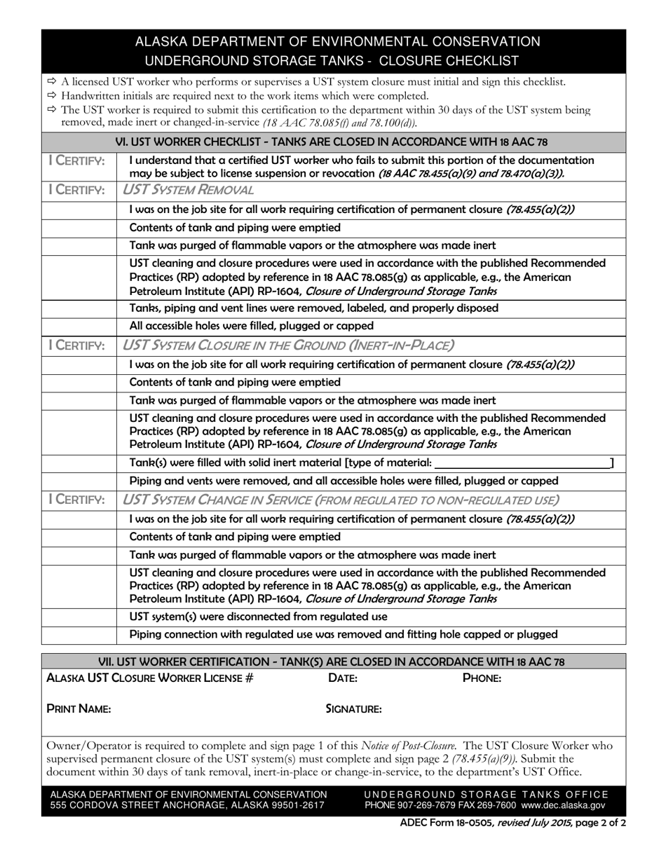 ADEC Form 18-0505 Underground Storage Tanks - Notice of Post Closure - Alaska, Page 2
