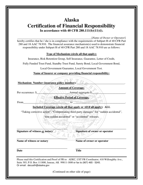 Certification of Financial Responsibility - Alaska
