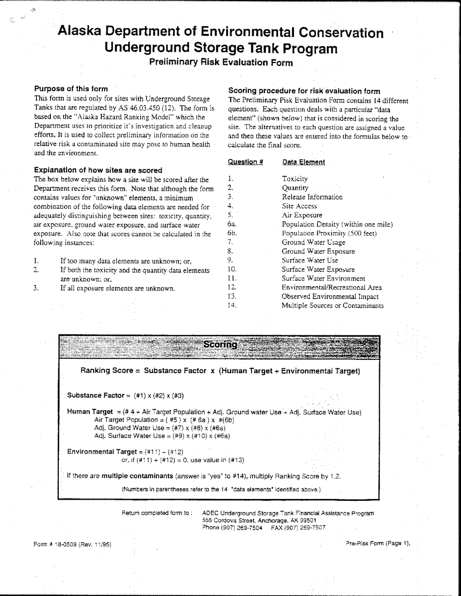 Form 18-0509 Preliminary Risk Evaluation Form - Alaska, Page 1