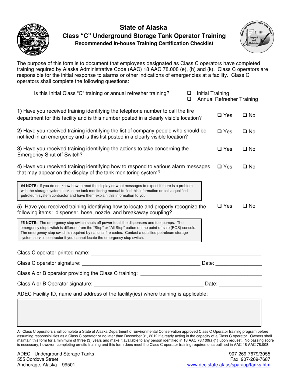 Alaska Class "c" Underground Storage Tank Operator Training Recommended ...