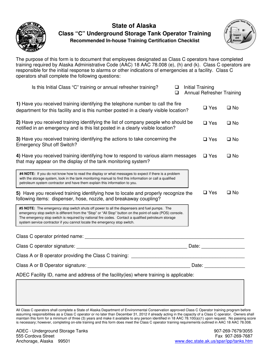 Class c Underground Storage Tank Operator Training Recommended in-House Training Certification Checklist - Alaska, Page 1