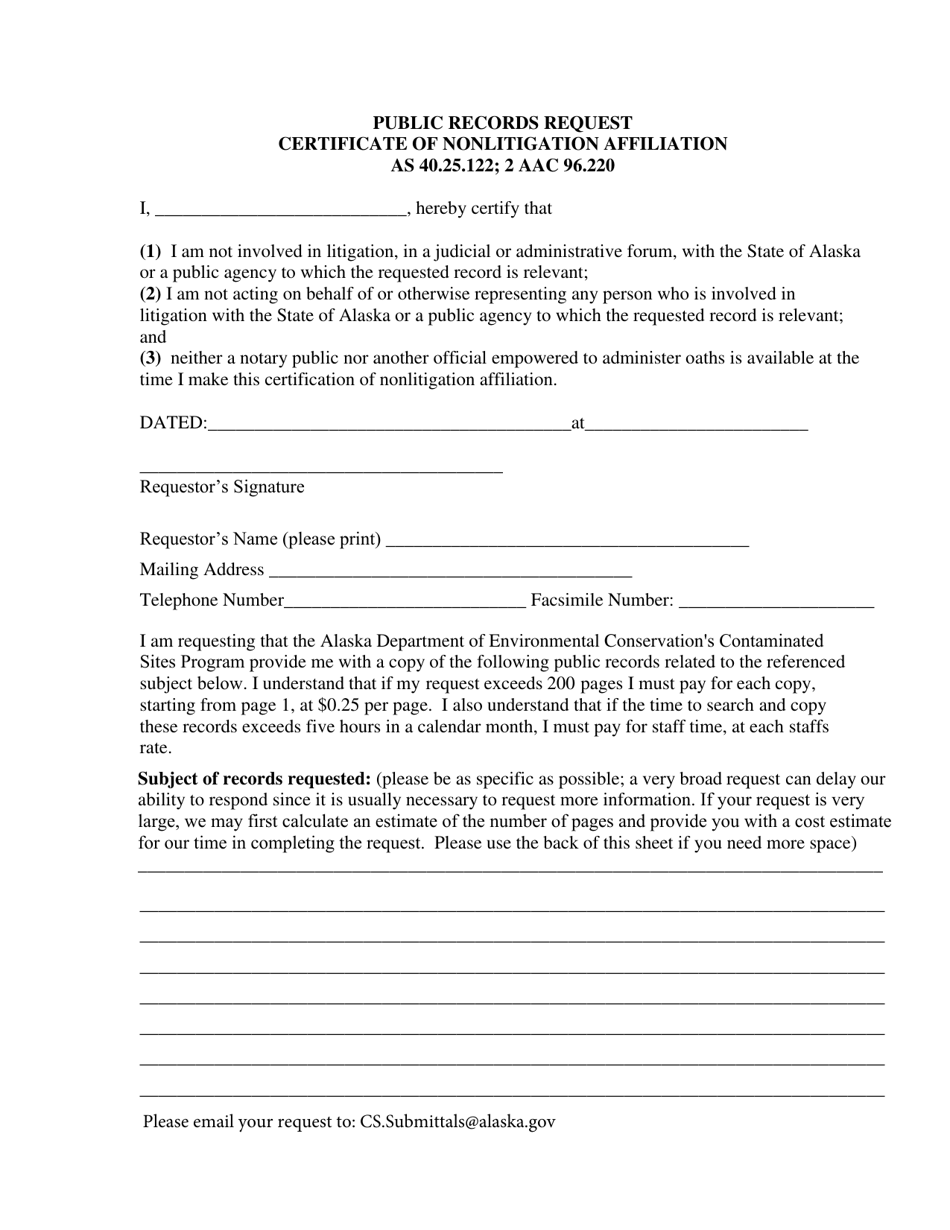 Public Records Request Certificate of Nonlitigation Affiliation - Alaska, Page 1