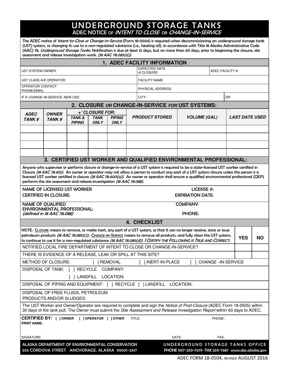 ADEC Form 18-0504 Adec Notice of Intent to Close or Change-In-service - Alaska, Page 1