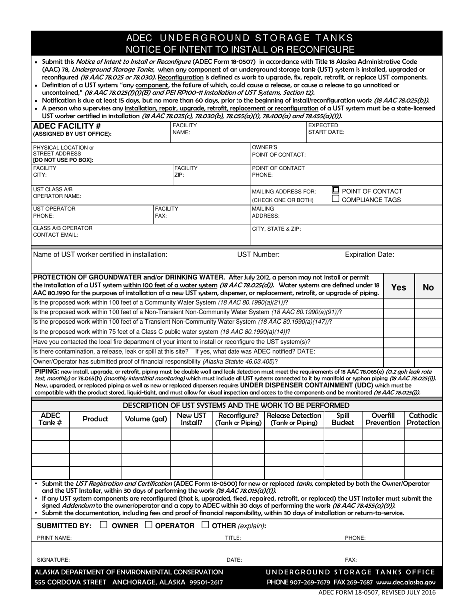 ADEC Form 18-0507 Notice of Intent to Install or Reconfigure - Alaska, Page 1
