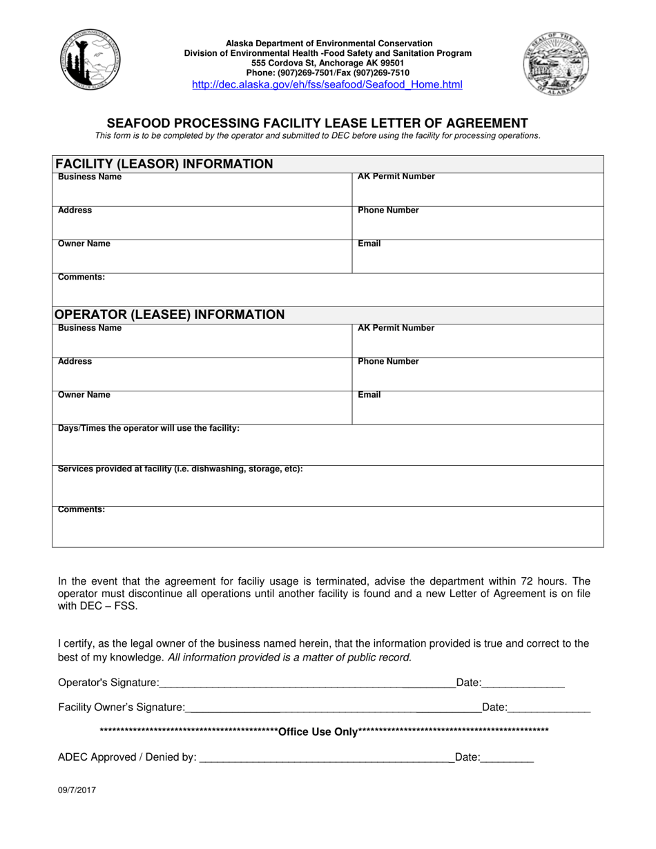 Seafood Processing Facility Lease Letter of Agreement - Alaska, Page 1