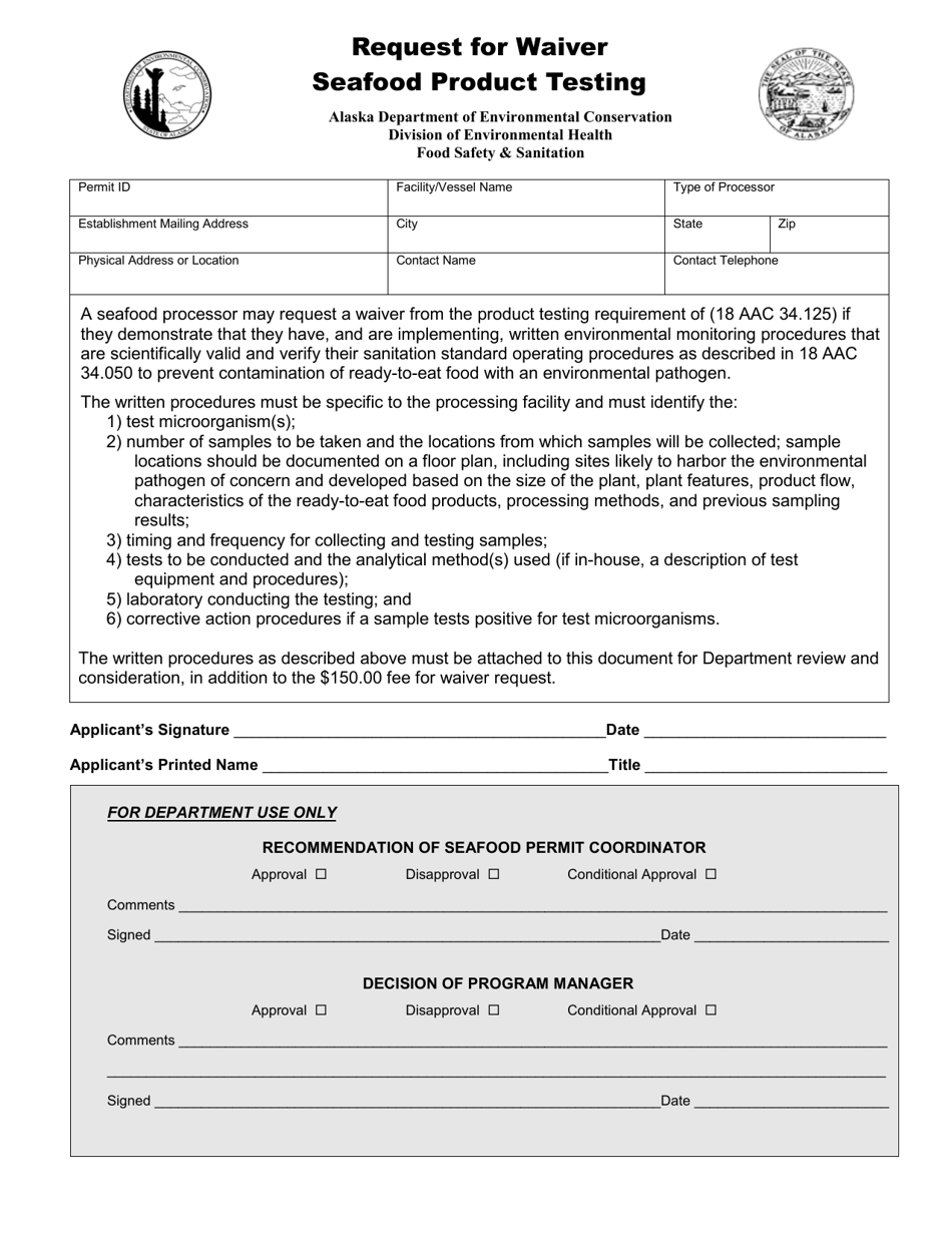Alaska Request for Waiver Seafood Product Testing Fill Out, Sign