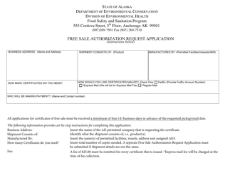 Document preview: Free Sale Authorization Request Application - Alaska