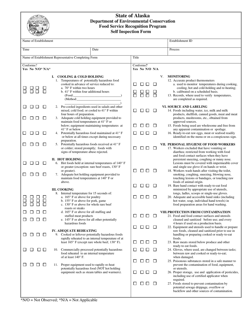 Alaska Food Service Recognition Program Self Inspection Form Fill Out