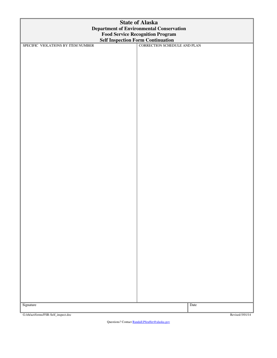 Food Service Recognition Program Self Inspection Form - Alaska, Page 2