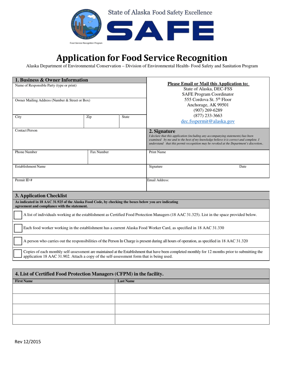 Application for Food Service Recognition - Alaska, Page 1