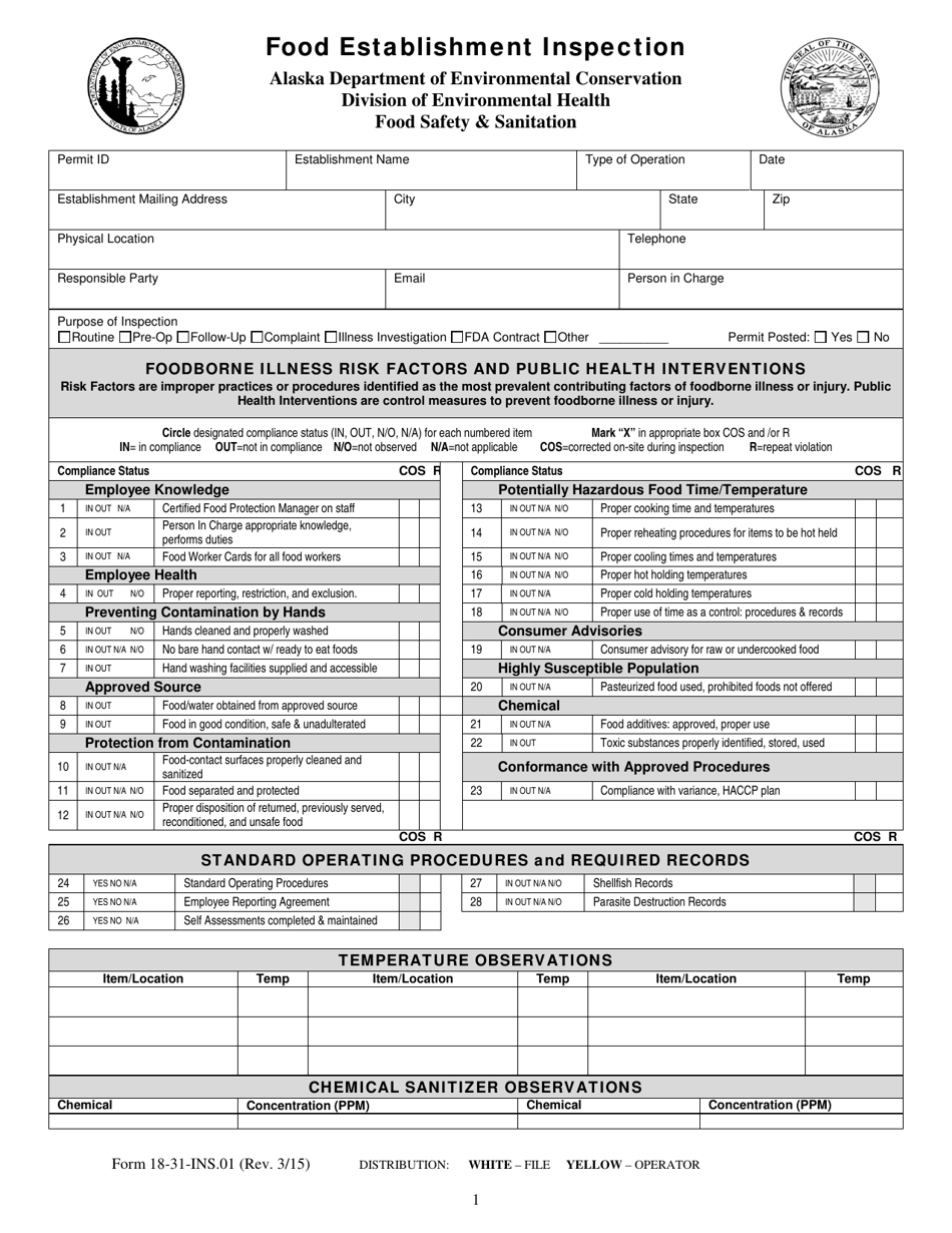 Form 18-31-INS.01 Food Establishment Inspection - Alaska, Page 1