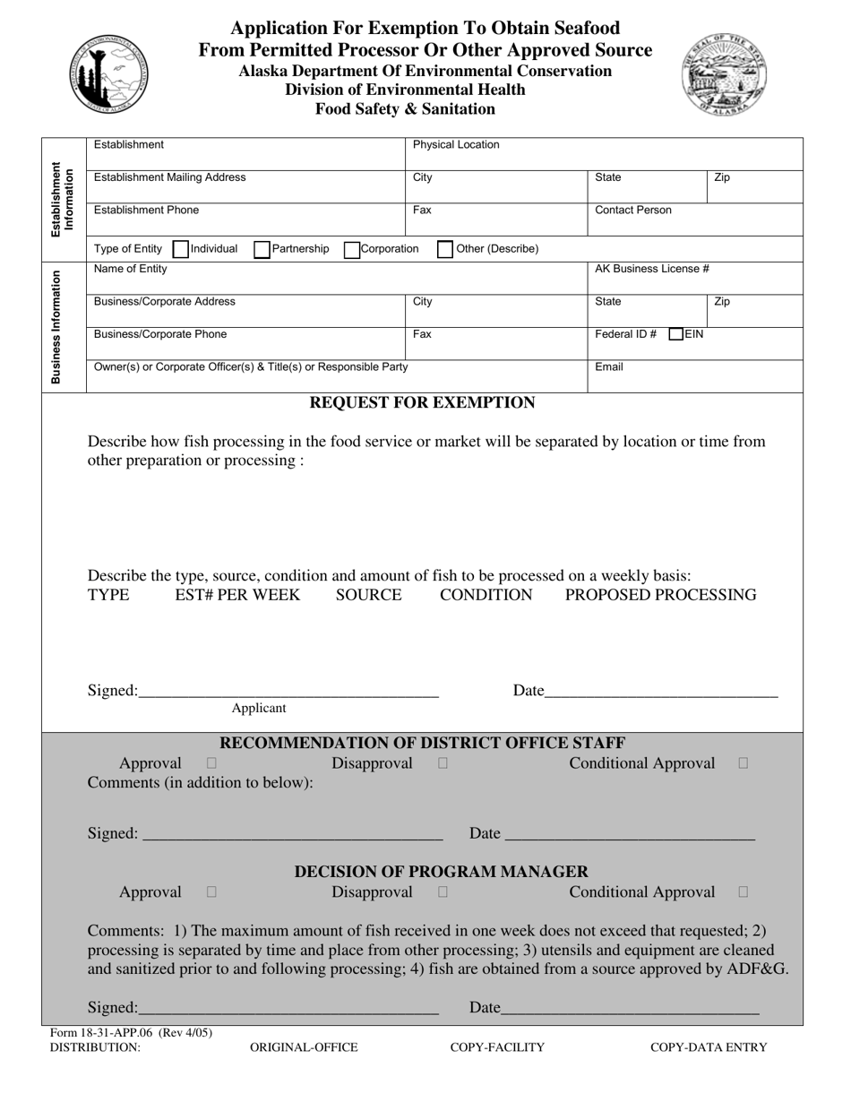 Form 18-31-APP.06 Application for Exemption to Obtain Seafood From Permitted Processor or Other Approved Source - Alaska, Page 1