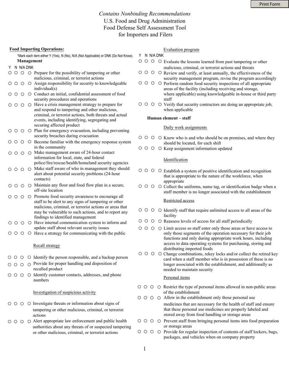 Food Defense Self Assessment Tool for Importers and Filers - Fill Out ...