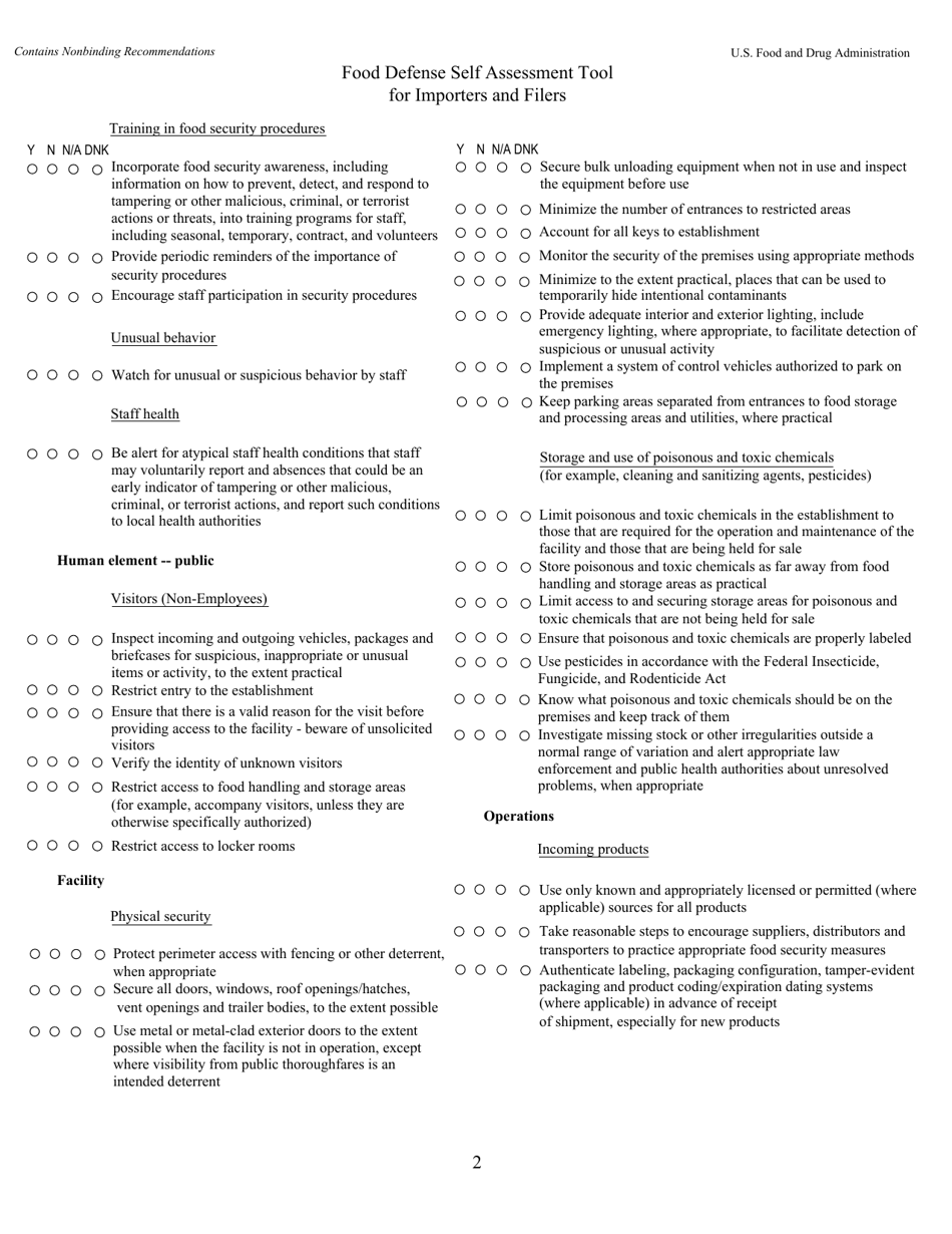 Food Defense Self Assessment Tool for Importers and Filers, Page 2