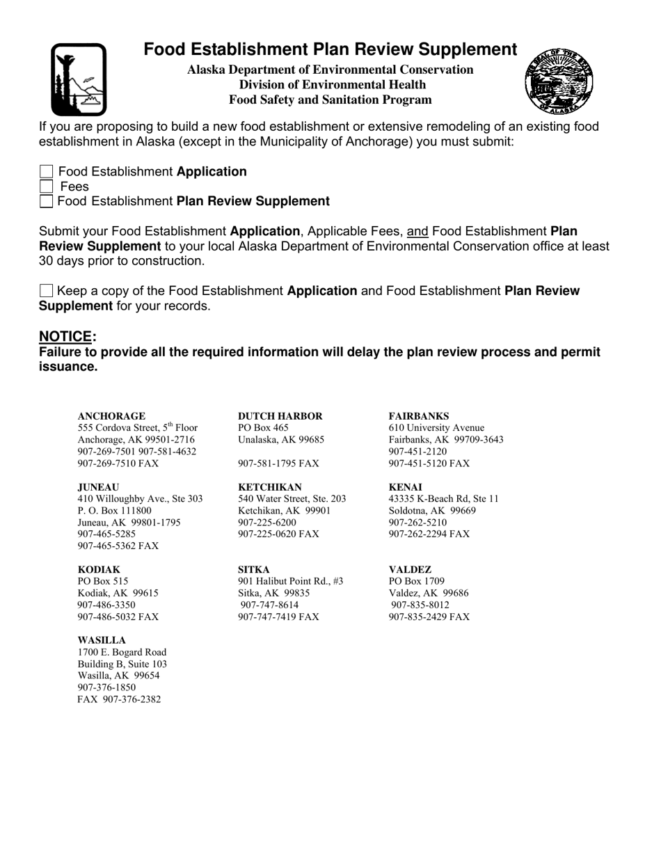 Alaska Food Establishment Plan Review Supplement Fill Out, Sign