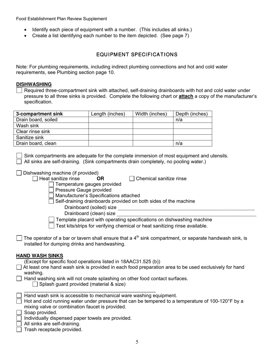 Food Establishment Plan Review Supplement - Alaska, Page 5