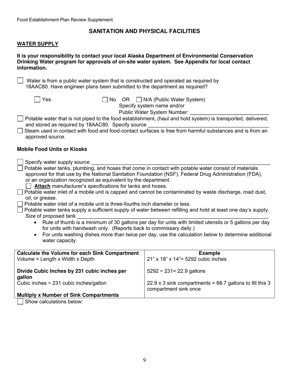 Food Establishment Plan Review Supplement - Alaska, Page 9