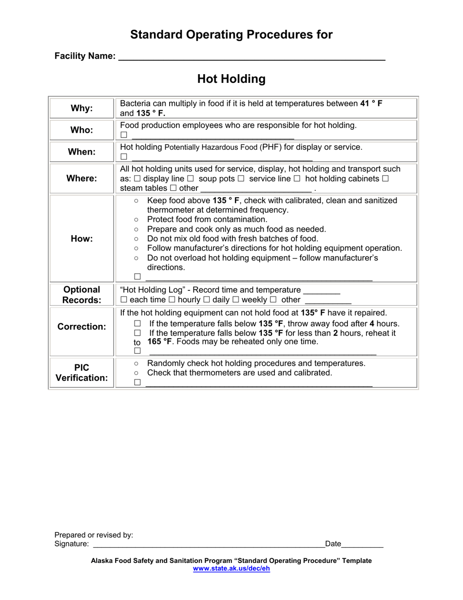Standard Operating Procedures for Hot Holding - Alaska, Page 1
