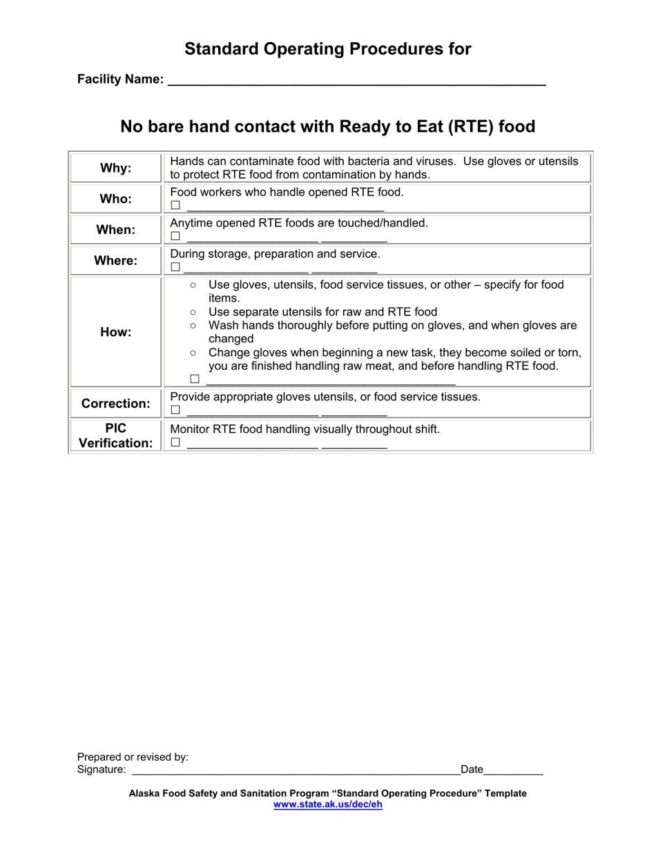 Standard Operating Procedures for No Bare Hand Contact With Ready to Eat (Rte) Food - Alaska, Page 1