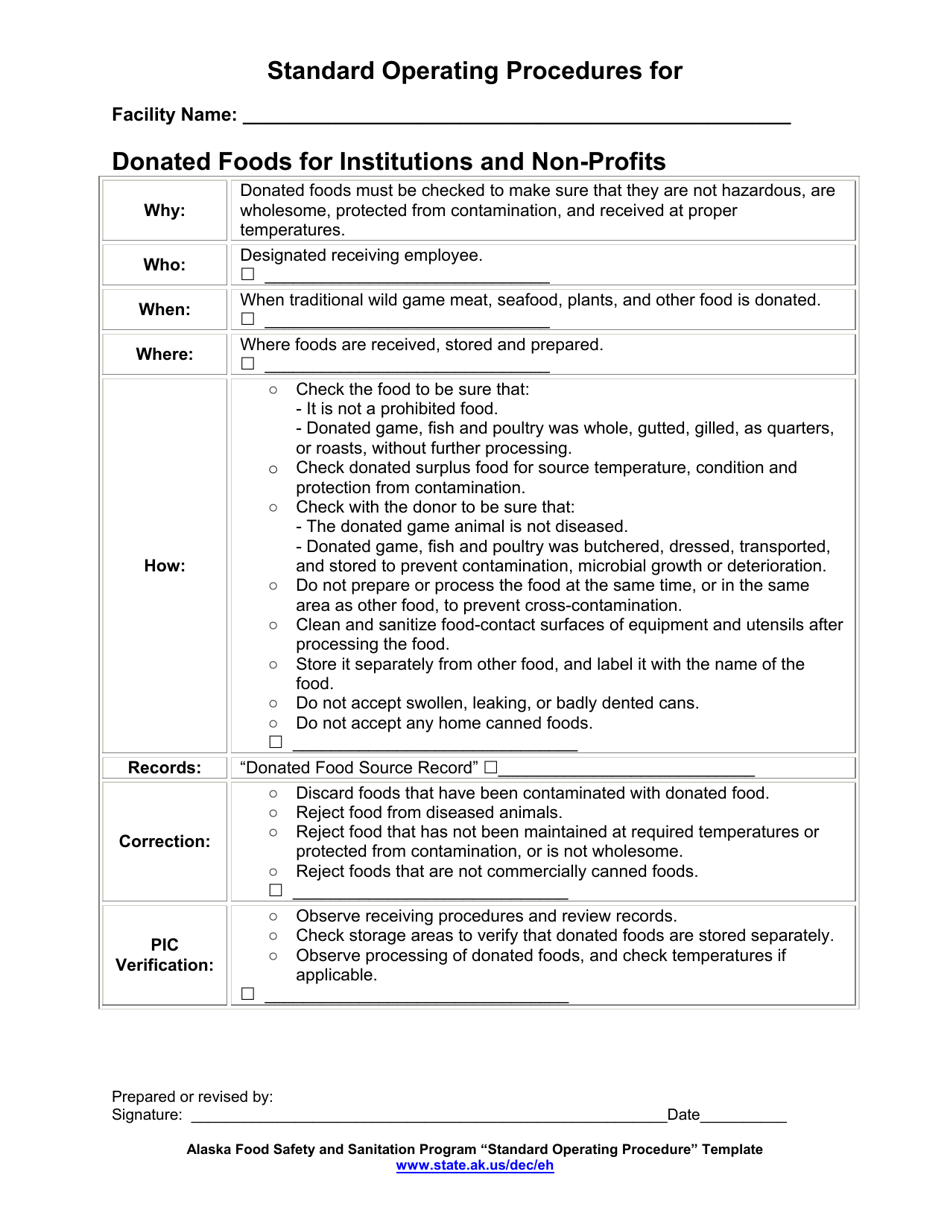 Standard Operating Procedures for Donated Foods for Institutions and Non-profits - Alaska, Page 1