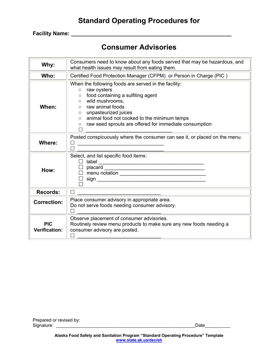 Standard Operating Procedures for Consumer Advisories - Alaska, Page 1