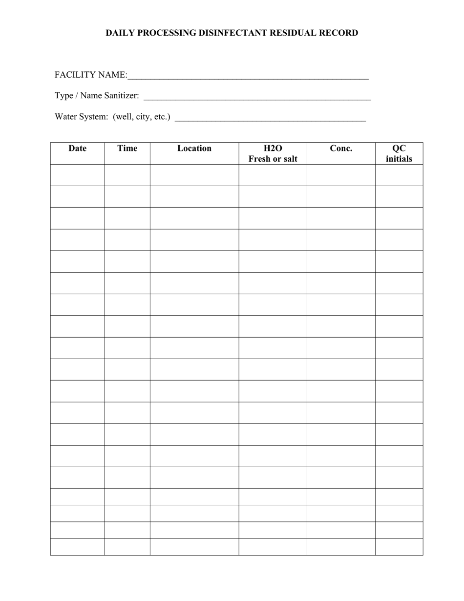 Daily Processing Disinfectant Residual Record - Alaska, Page 1