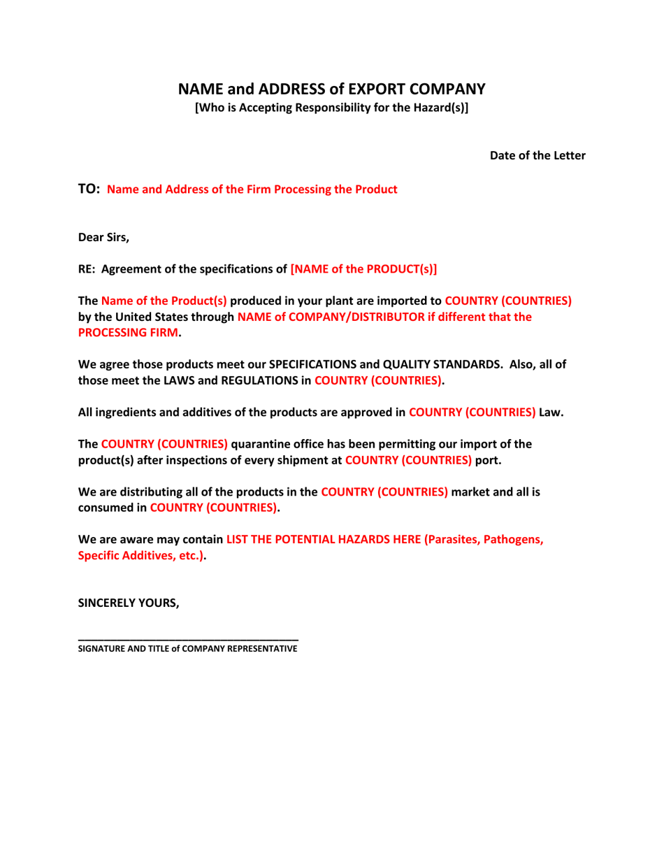 Seafood Guide for Export Only - 801(E) Letter Example - Alaska, Page 1