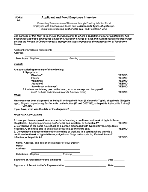Form 1-A Applicant and Food Employee Interview - Alaska