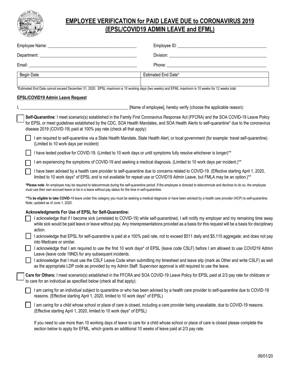 Employee Verification for Paid Leave Due to Coronavirus 2019 (Epsl / Covid19 Admin Leave and Efml) - Alaska, Page 1