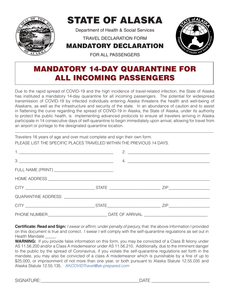 Travel Declaration Form - Alaska, Page 1