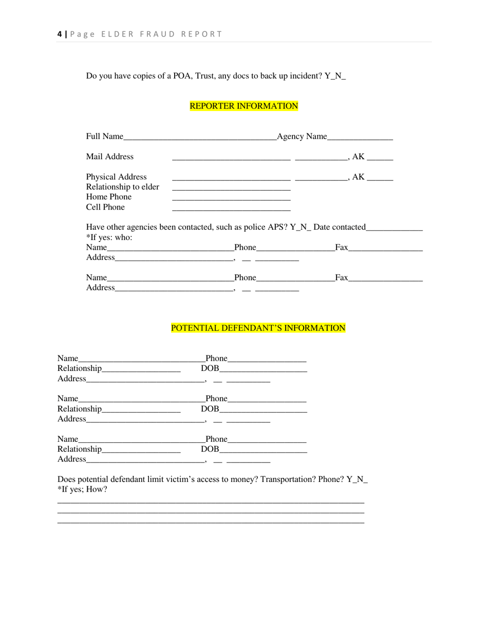 Elder Fraud Report Form - Alaska, Page 4